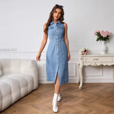 New Women's Clothing Fashion Polo Collar Slim Fit Denim Dress  Adomoo